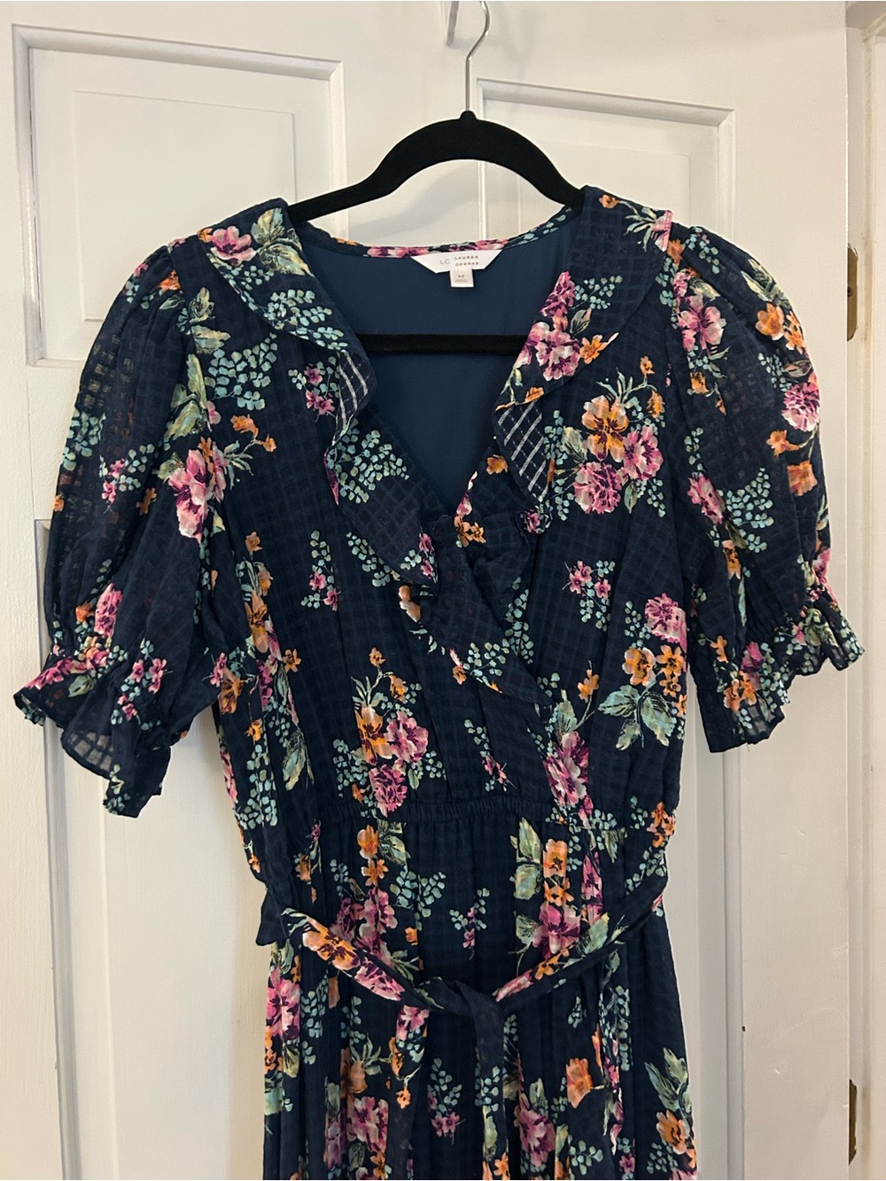 LC Lauren Conrad Navy Floral Midi Dress with Pink & Orange Blooms